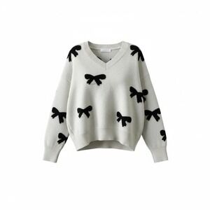 ivory knit bow sweater v-neck cozy long sleeve pullover